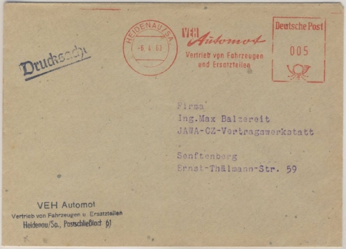 DDR - 5 Pfg. AFS VEH Automot, Drucksache Heidenau (Sachsen) - Senftenberg 1963