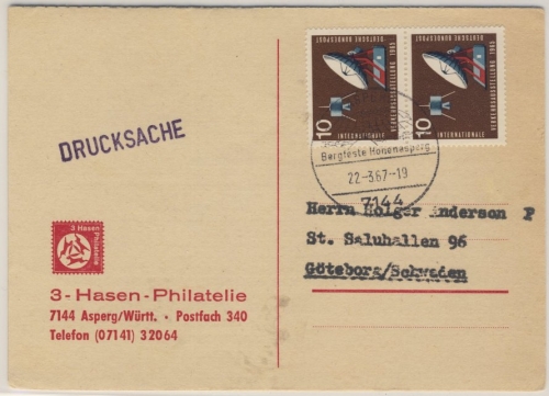 BRD - 2x10 Pfg. IVA München Drucksachenkarte n. SCHWEDEN Asperg - Göteborg 1967