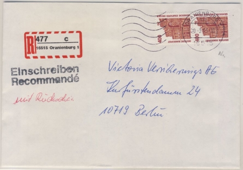 BRD - 2x400 Pfg. SWK, Einschreiben-Rückschein Oranienburg - Berlin 1995