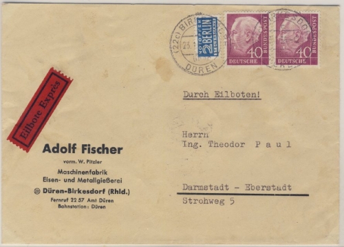 BRD - 2x40 Pfg. Heuss I, Eilbrief Birkesdorf ü. Düren - Darmstadt 1956