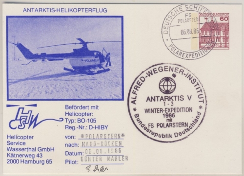 BRD - Antarktis Helikopterflug Polarheli 1 + Schiffspost FS Polarstern 1986