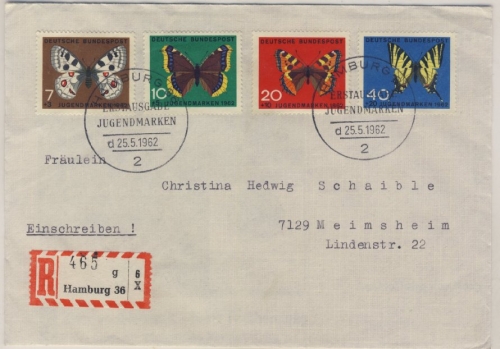 BRD - Jugend 1962 Schmetterlinge Einschreibebrief/FDC + ESST Hamburg