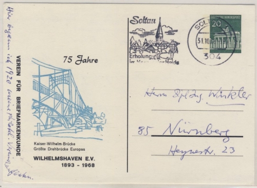 BRD - 20 Pfg. Brandenburger Tor Privat-GA-Karte 75 J. Kaiser-Wilhelm-Brücke 1968