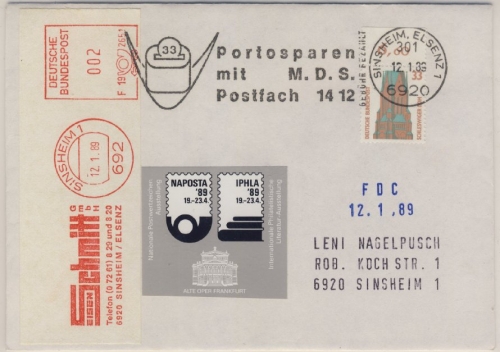 BRD - 33 Pfg SWK/Oberrand + 2 Pfg AFS Eisen Schmidt Drucksache/FDC Sinsheim 1989