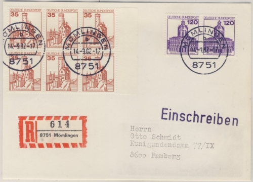 BRD - 120 Pfg. waagr. Paar + 35 Pfg. 6er-Block B&S, Einschreibekarte Mömlingen