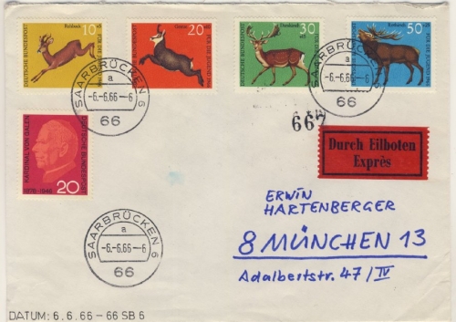 BRD - 66 Saarbrücken 6, 6.6.66 - 6, Eilbrief n. München - ohne Inhalt