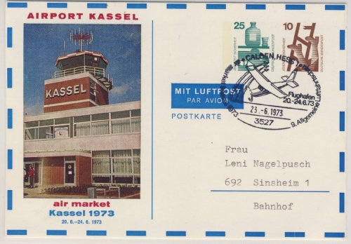 BRD - 10+25 Pfg. UV Privat-GA-Karte (Airpost Kassel) Luftpostkarte m. SST Calden