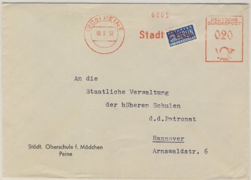 BRD - 20 Pfg. AFS Stadt Peine + Notopfer Brief n. Hannover 1952