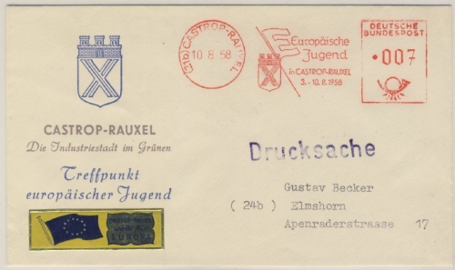 BRD - 7 Pfg AFS Europäische Jugend Illustr. Drucksachenbrief Castrop-Rauxel 1958