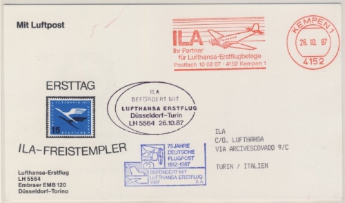 BRD - Lufthansa Erstflug Düsseldorf Turin ILA-Zuleitung Lupo-Karte Kempen 1987