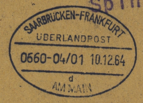 BRD - Saarbrücken - Frankfurt Überlandpost 0660-04/01 - 1964, Briefstück