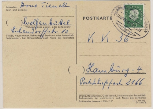 BRD - Bahnpost Braunschweig - Altenbeken, Zug 000787, 1959 - Karte v.
