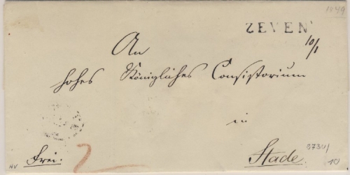 Hannover - Zeven, L1 a. Briefhülle n. Stade, ohne Inhalt (ca. 1849)