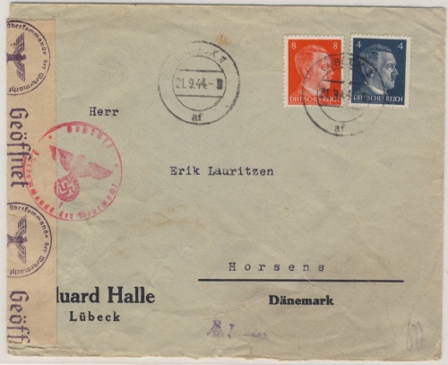 DR - 4+8 Pfg. AH, Zensurbrief n. DÄNEMARK (Europatarif) Lübeck - Horsens 1944