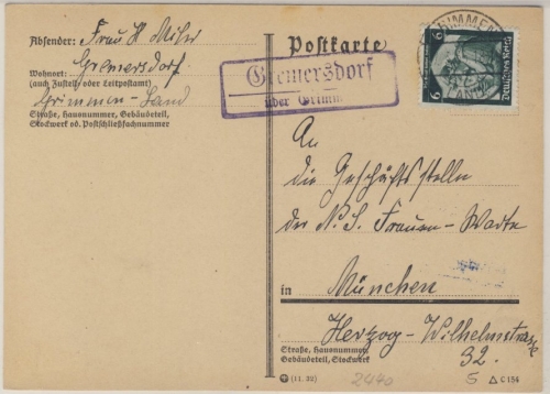 DR - Landpost-Ra2 Gremersdorf über Grimma, Karte n. München 1935