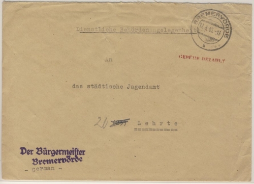 All.Bes. - Bremervörde 17.8.45, Gebühr bezahlt - Brief n. Lehrte - ohne Inhalt