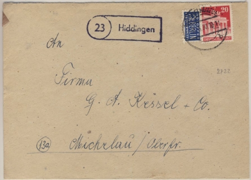 Bizone - (23) Hiddingen, Landpoststpl. a. Brief Visselhövede - Michelau 1950