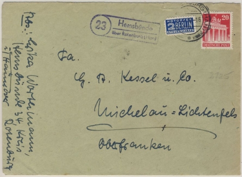 Bizone - (23) Hemsbünde über Rotenburg, Landpoststpl. a. Brief n. Michelau 1950