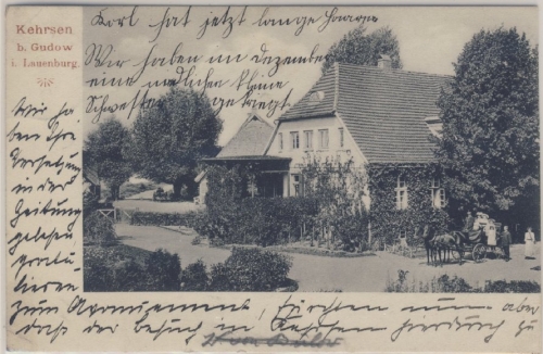 Kehrsen b. Gudow - sw-Ansicht (Gebäude + Kutsche), gelaufen v. Kudow 1900