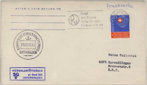 Schweiz - Schiffspost Vierwaldstättersee Dampfboot Unterwalden Brief Luzern 1966