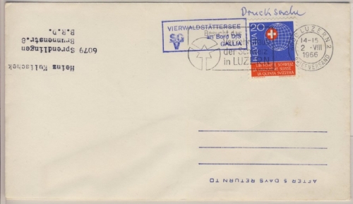 Schweiz - Schiffspost Vierwaldstättersee Dampfboot Gallia Brief 1966 n.