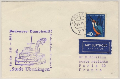 BRD - Bodensee Schiffspost DS Stadt Überlingen Luftpostbrief n. FRANKREICH 1963