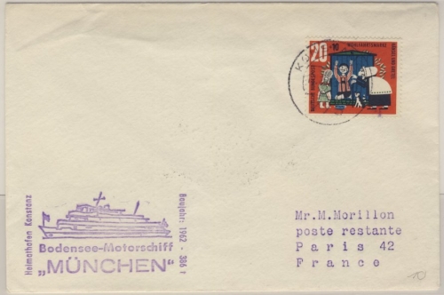 BRD - Bodensee Schiffspost MS München Frucksache n. FRANKREICH Konstanz 1963