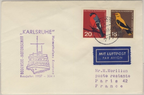 BRD - Bodensee-Schiffspost MS Karlsruhe Luftpostbrief n. FRANKREICH 1963