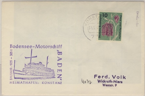 BRD - Bodensee Schiffspost MS Baden Drucksache Konstanz - Wickrath 1963