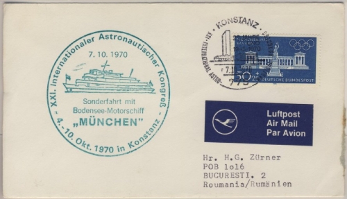 BRD - Bodensee Schiffspost MS München Luftpostbrief n. RUMÄNIEN 1970 Sonderfahrt