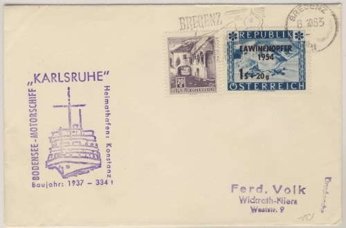 Österreich - Bodensee Schiffspost MS Karlsruhe Drucksache Bregenz 1963 n.