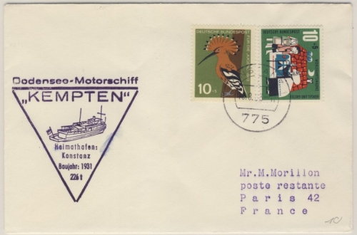 BRD - Bodensee Schiffspost MS Kempten Brief n. FRANKREICH Konstanz - Paris 1963
