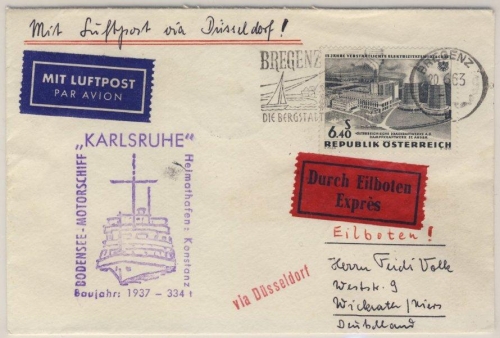 Österreich - Bodensee-Schiffspost MS Karlsruhe Luftpost Eilbrief Bregenz 1963 n.