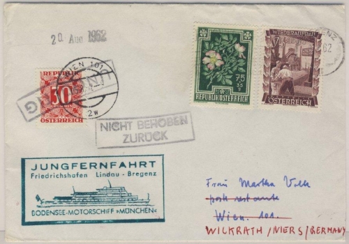 Österreich - Bodensee Schiffspost MS München Jungfernfahrt Brief Bregenz 1962