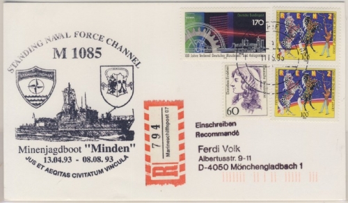 BRD - Marineschiffspost 07 Minenjagdboot Minden SNFC, Einschreibekarte 1993