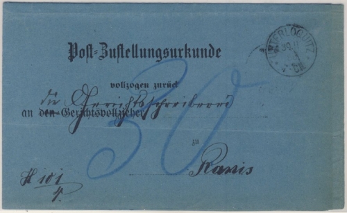 DR - Unterloquitz 1886, Post-Zustellurkunde n. Ranis