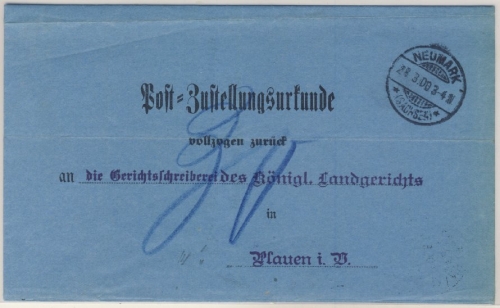 DR - Neumark (Sachs.) 1900, Post-Zustellurkunde n. Plauen