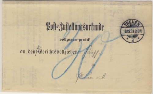 DR - Treuen 1893, Post-Zustellurkunde n. Plauen
