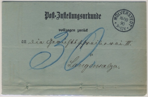 DR - Mülverstedt 1890, K1 a. Post-Zustellurkunde n. Langensalza