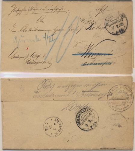 DR - Heiligenstadt (Eichsfeld) 1885 KOS portopfl. Dienstbrief Nachporto n.