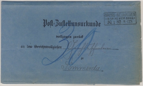 DR - Gross-Neuhausen 1882, Ra3 a. Post-Zustellurkunde n. Sömmerda
