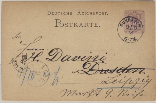 DR - Cuxhaven 1878 K1 5 Pfg. Ganzsache n. Dresden, Weiterleitung Leipzig