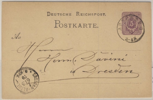 DR/Preussen - Arnsberg 1879 nachverwendeter K2 5 Pfg. Ganzsache n. Dresden