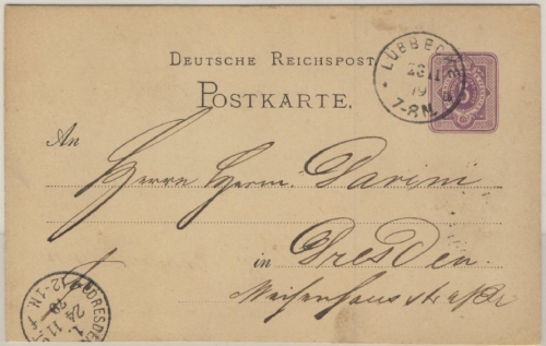 DR - Lübbecke 1879 K1 5 Pfg. Ganzsache n. Dresden