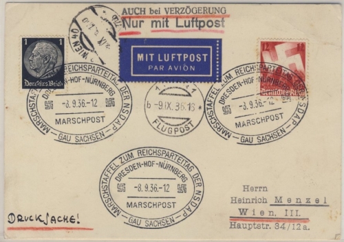 DR - Marschpost Dresden-Hof-Nürnberg Luftpost Drucksachenkarte n. Wien 1936