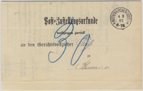 DR - Rothenkirchen 1893, K1 a. Post-Zustellurkunde n. Plauen