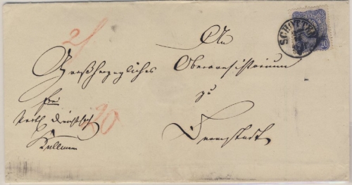 DR - Schotten, nachv. Th&T-K1 a. Dienstbrief (2. Gew.st.) n. Darmstadt 1875