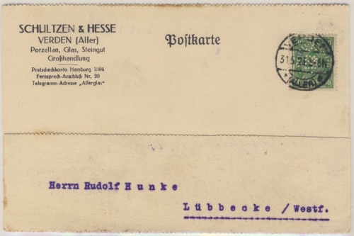 DR - 40 M. Posthorn/Perfin "S&H", Firmenkarte Verden - Lübbecke 1923