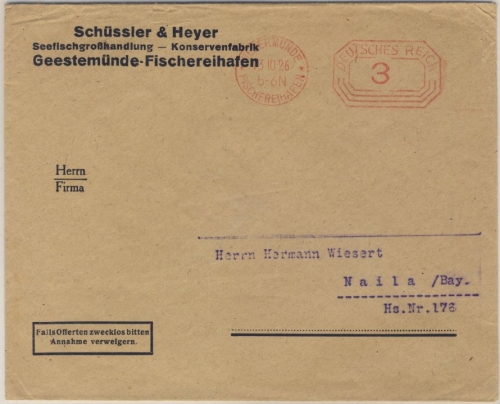 DR - Geestemünde-Fischereihafen 1926, 3 Pfg. Gebühren-Freistpl., Drucksachenbf.