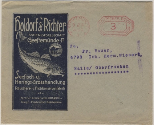 DR - Geestemünde 2 - 1924, 3 Pfg. Gebühren-Freistpl., illustr. Drucksachenbf.